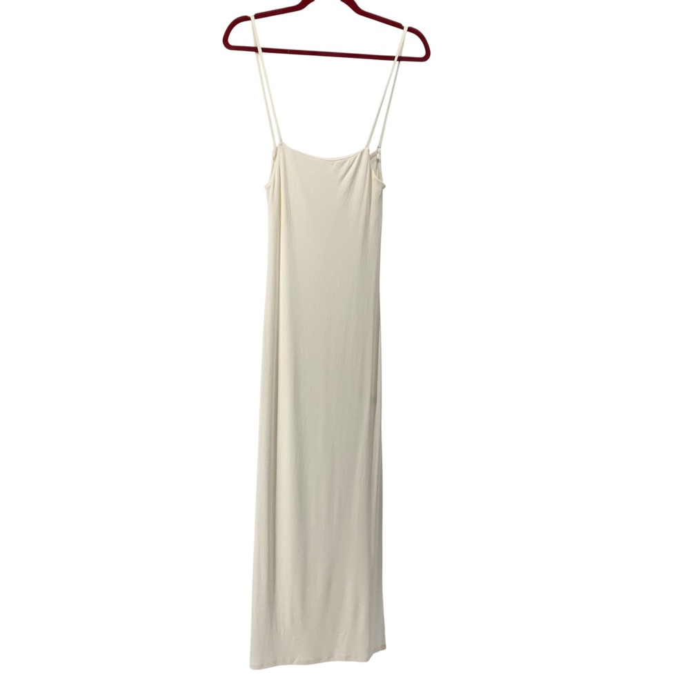 LAmade Womens XS Ribbed Micromodal Maxi Dress Cream Side Slit Spaghetti Strap